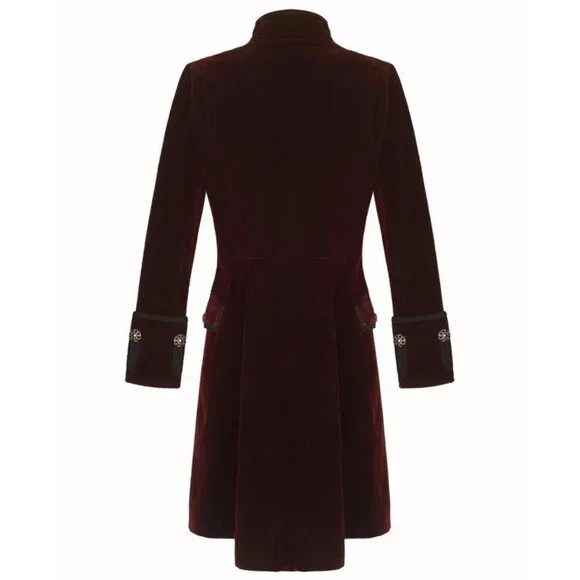Men's Velvet Renaissance Burgundy Handmade Frock Coat Gothic Victorian Jacket - Picture 2 of 3